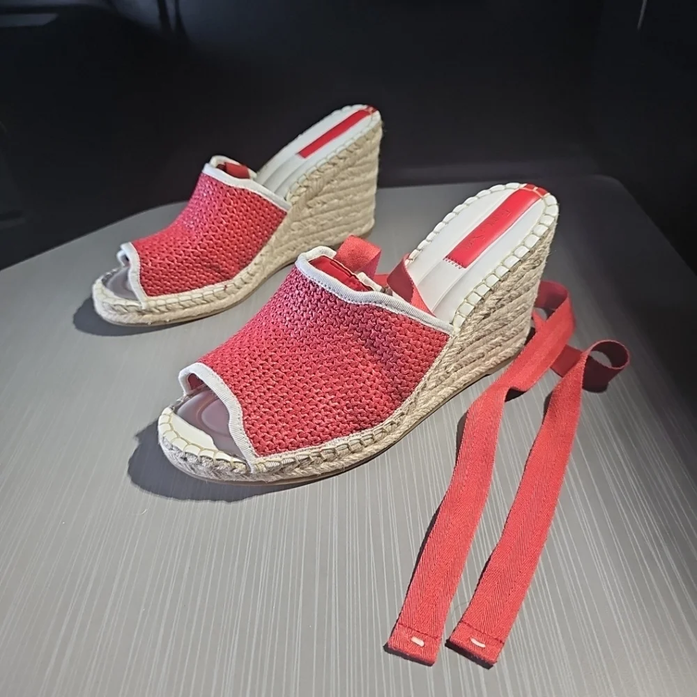 Red Woven Espadrille Wedge Sandals with Ankle Tie